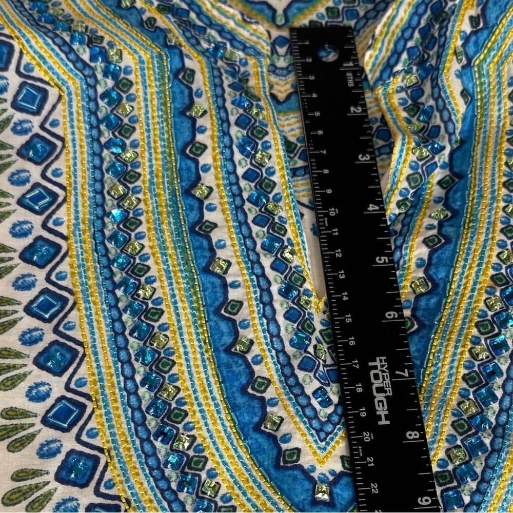 Chico's White Embroidered Cotton Boho Tunic Top Blue Embellished Beaded Size M - Picture 11 of 14